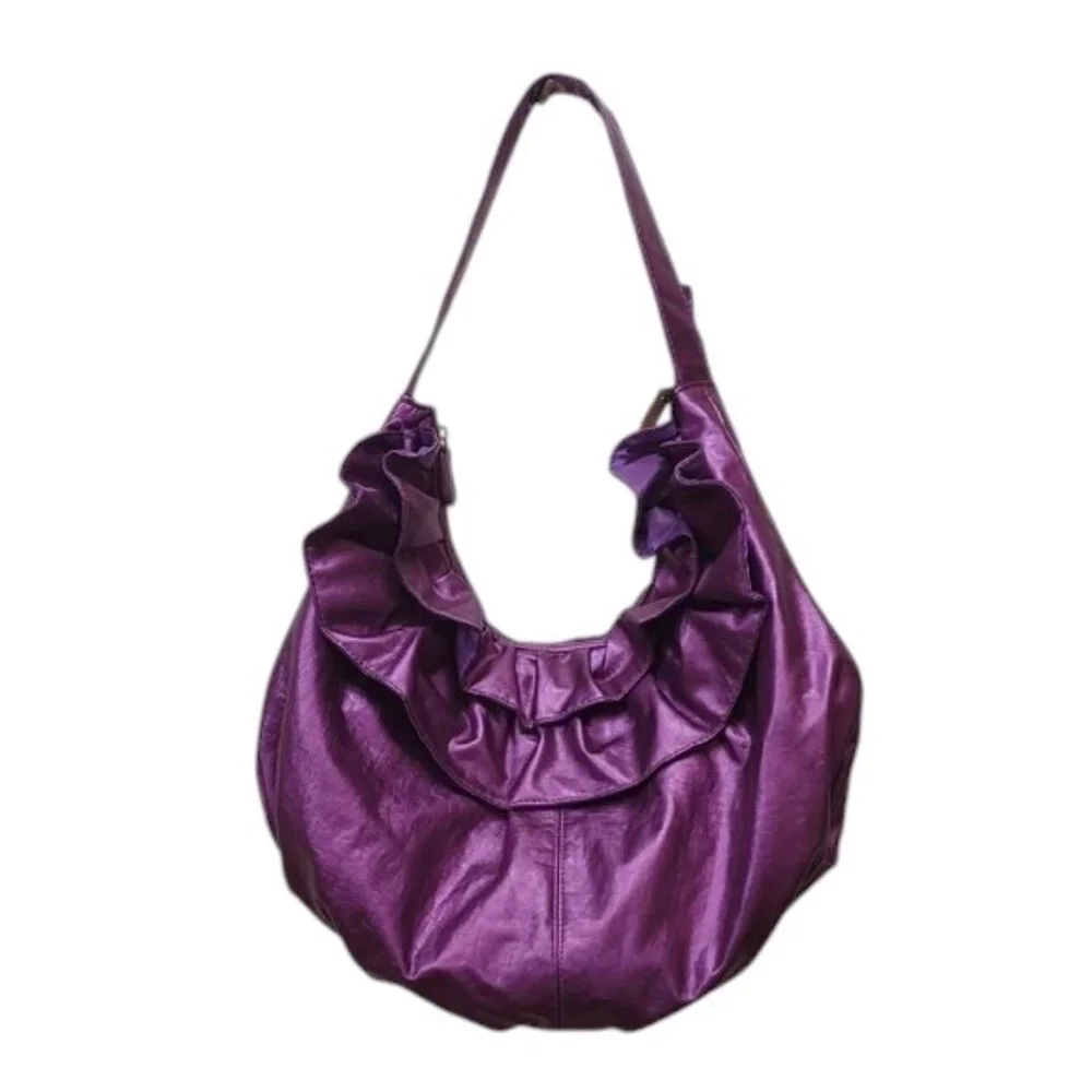 Metallic Purple Ruffles Zip Top Faux Leather Hobo Shoulder Tote Bag NWT